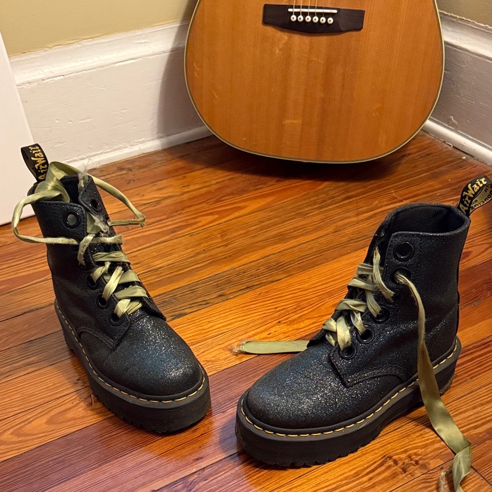Dr. Martens Molly Green Glitter Platform Boots (no longer sold online)